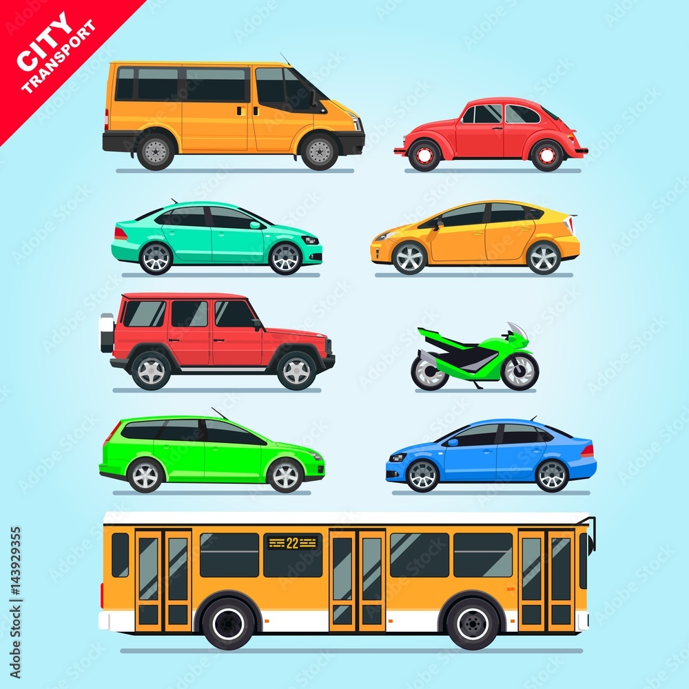 Cool vector set of city transport isolated cars, motorcycle, van, bus on blue background. Multicolored stylish cars mockups, red, blue, green, yellow & turquoise colors