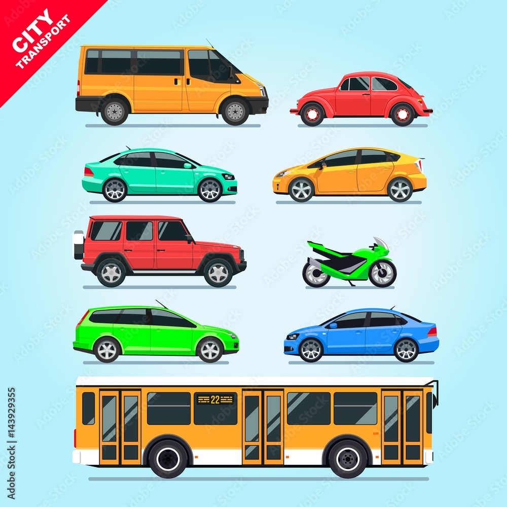 Cool vector set of city transport isolated cars, motorcycle, van, bus on blue background. Multicolored stylish cars mockups, red, blue, green, yellow & turquoise colors Cool vector set of city transport isolated cars, motorcycle, van, bus on blue background. Multicolored stylish cars mockups, red, blue, green, yellow & turquoise colors