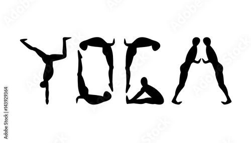Silhouettes in yoga poses spelling out YOGA