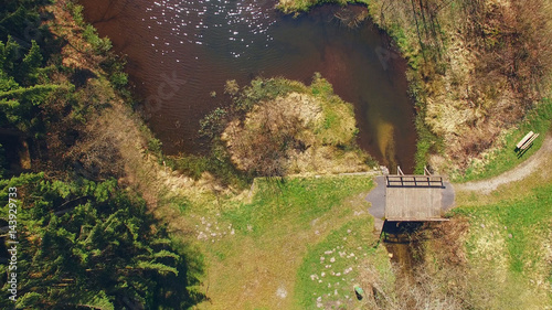 Top view of a wooden bridge at the Eutersee. The Eutersee is a little lake in south Hessia, Germany.
