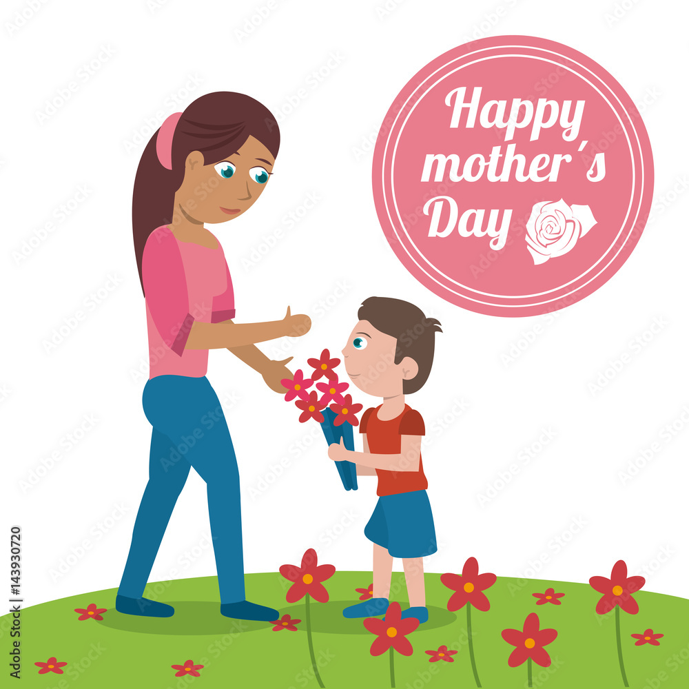 happy mothers day card - mom with son bouquet flowers meadow vector illustration eps 10 happy mothers day card - mom with son bouquet flowers meadow vector illustration eps 10