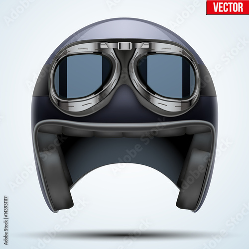 Vintage motorcycle classic helmet with goggles. Black color. Transportation industry. Vector illustration isolated on background,