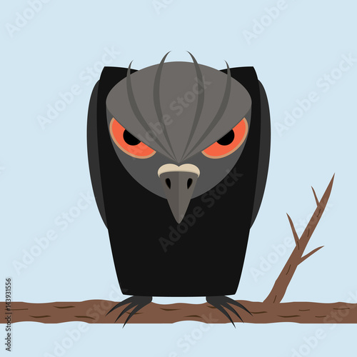 Angry black raven sits on a tree branch on blue sky background. A personified character like human. Black silhouette bird with long curved beak and evil look in the eyes. Vector illustration.