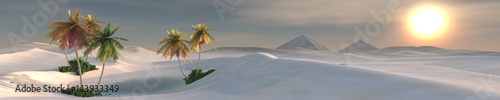 Beautiful oasis in the sandy desert  beautiful desert landscape  desert panorama  3d rendering