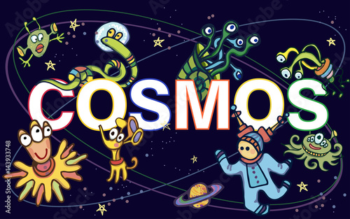 set of funny cosmos UFO characters with text