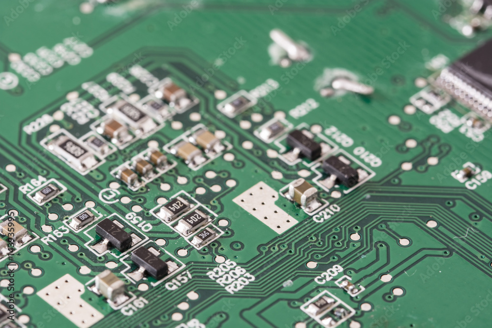 Electronic components on the printed circuit board. Electronic components on the printed circuit board.