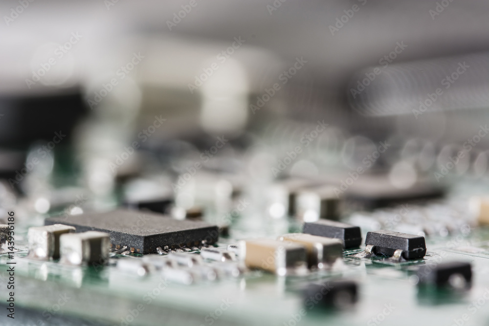 Electronic components on the printed circuit board. Electronic components on the printed circuit board.