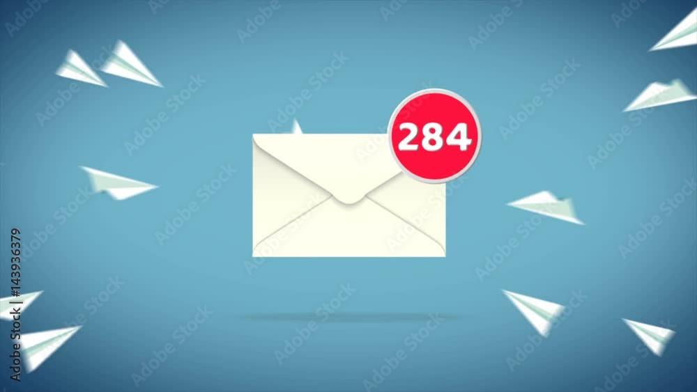 Cartoon animation of paper airplane flying into mail envelope until reaching it's limit and burst into many e-mails with social media and internet communication concept in 4k
