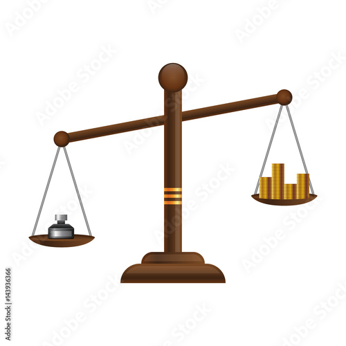 Justice scales icon. Law balance symbol. Libra flat design with gold money coins