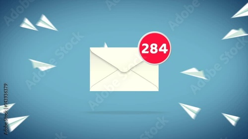Cartoon animation of paper airplane flying into mail envelope until reaching it's limit and burst into many e-mails with social media and internet communication concept in 4k