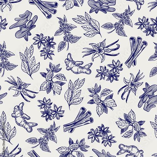 Hand drawn spice ball pen drawing seamless pattern, vector illustration