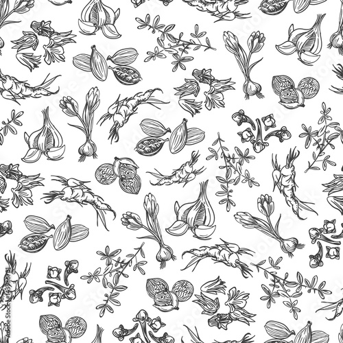Hand drawn spice seamless pattern. Black and white background vector illustration