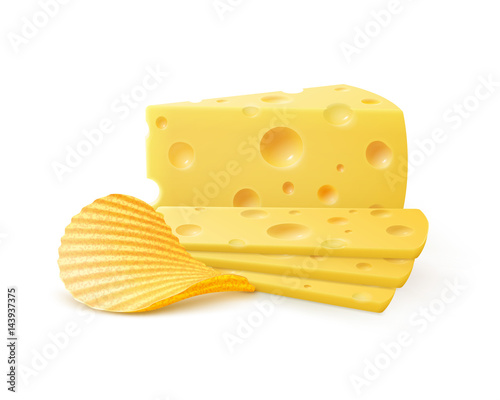 Vector Potato Ripple Crispy Chips with Cheese Close up Isolated on White Background