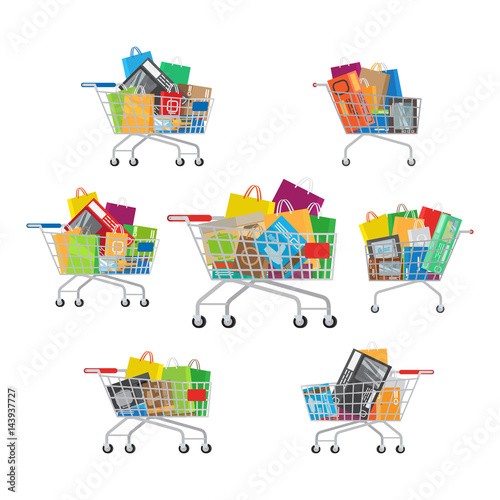 Carts Set. Seven Full Cartoon Shopping Trolleys. © robu_s