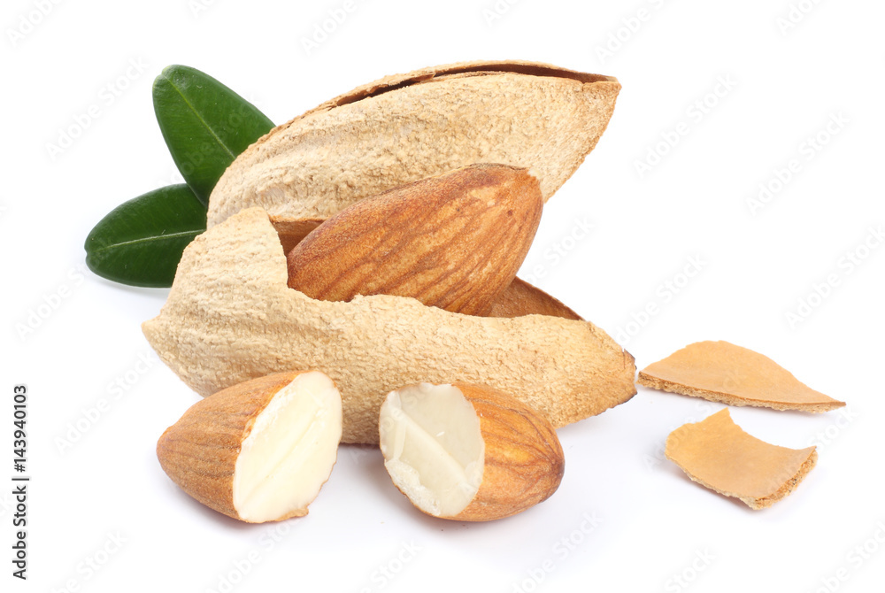 almond isolated on white background. with green leaf almond isolated on white background. with green leaf