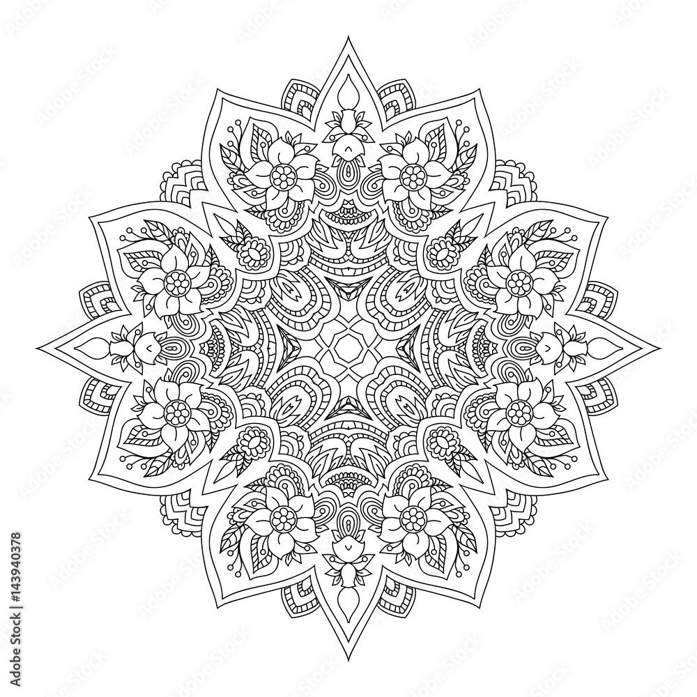 Mandala. Black and white diamond-shaped decorative element. Picture for coloring.