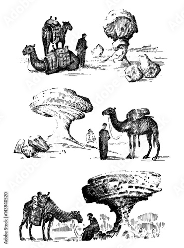 desert landscape with arab and camel next to statue face, touristic hand drawn illustration of exploring in the dust, old arabic man on camelback
