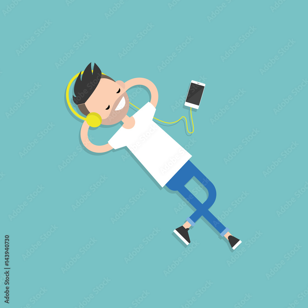 Happy young man with headphones listening to music on a floor. Top view / flat editable vector illustration