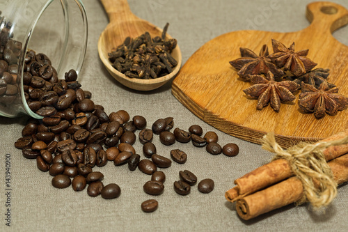 Roasted coffee beans and different spices