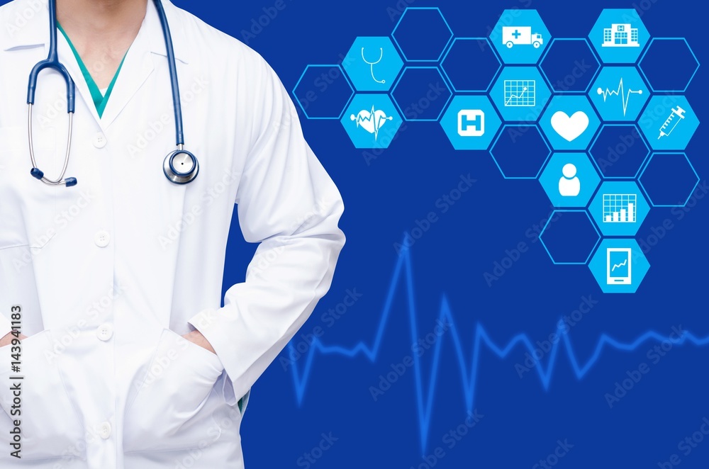 smart doctor with a stethoscope around his neck on color background and health care icon in hexagonal shaped pattern and heartbeat line background, health care and medical technology concept smart doctor with a stethoscope around his neck on color background and health care icon in hexagonal shaped pattern and heartbeat line background, health care and medical technology concept
