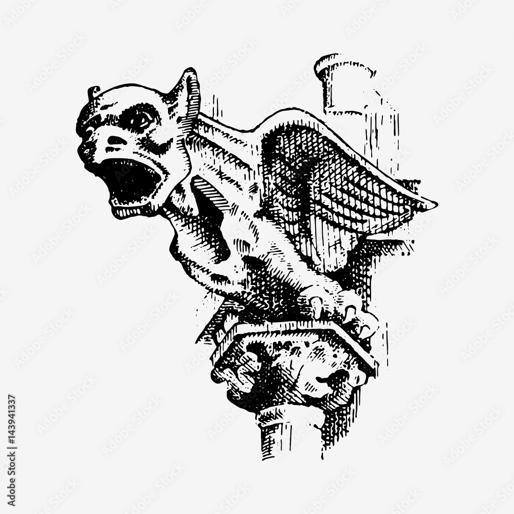Obraz premium Gargoyle Chimera of Notre-Dame de Paris, engraved, hand drawn vector illustration with gothic guardians include architectual elements, vintage statue medieval