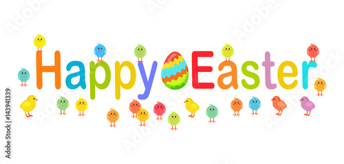 Happy Easter Text Decorated with Chicks and Eggs