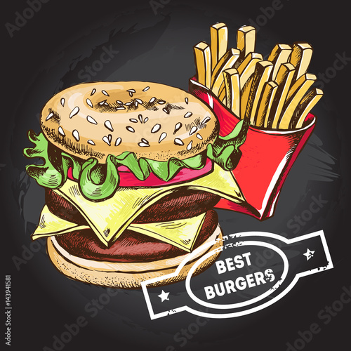 Cheeseburger and french fries on blackboard. Hand drawn vector Illustration. Template for menu design and fast food restaurant.