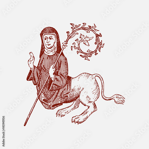 medieval element, decorative hand drawn illustration with old symbols of middle age, gothical ornament piece, engraved chimera half catholic women and lion, praying