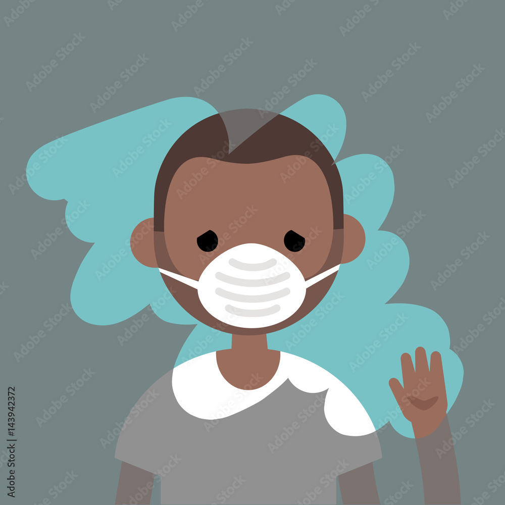 Obraz premium Young sad black character wiping a dirty window / flat editable vector illustration, clip art