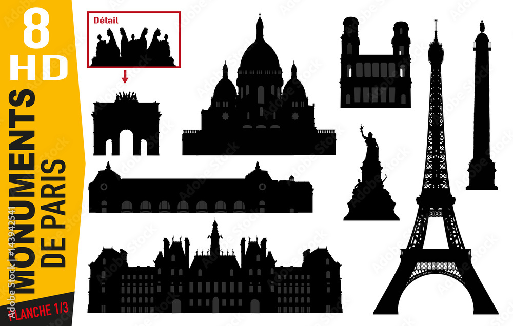 Naklejka premium Monuments de Paris - Paris - Célèbre - Tourisme - Tour Eiffel - Montmartre - Hôtel de Ville - Parisien