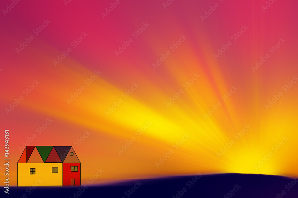 Bellissimo tramonto con un disegno di una casa colorata Bellissimo tramonto con un disegno di una casa colorata