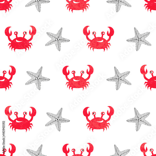 Seamless watercolor crab pattern. Vector illustration.