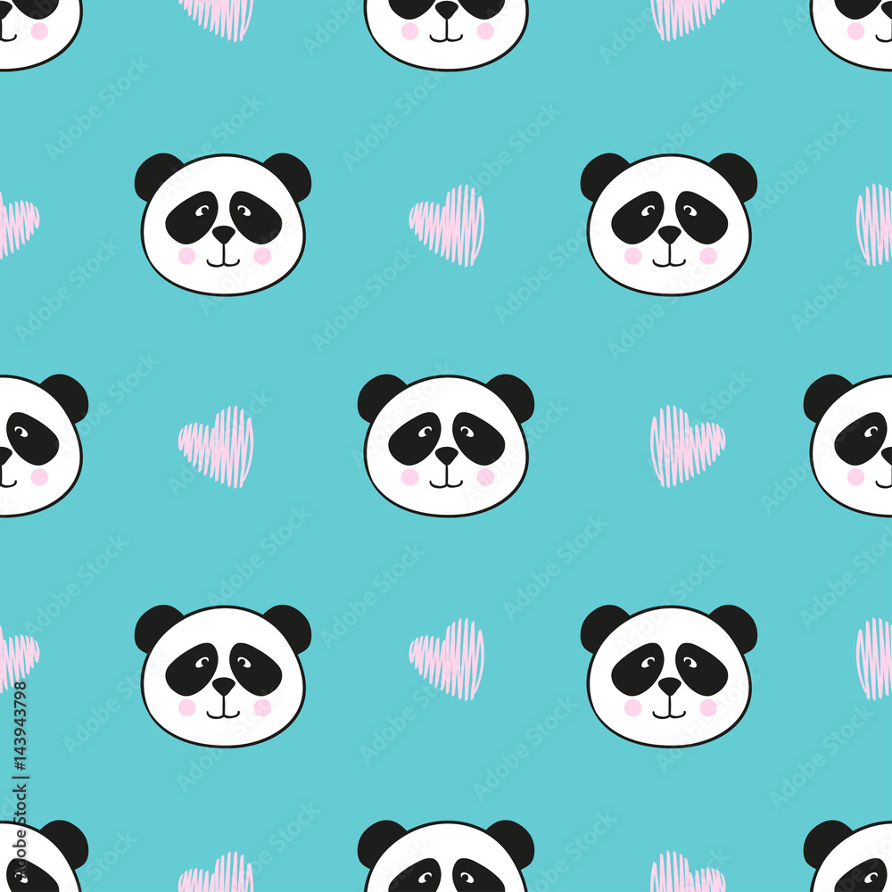 Seamless cute panda pattern on blue. Vector illustration for kids.