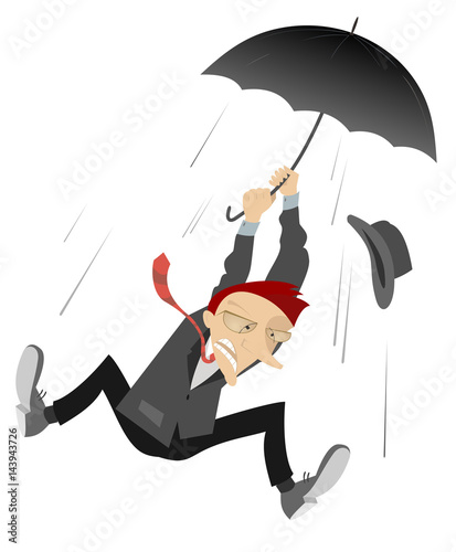 Windy day. Man caught up by the wind flies up holding umbrella

