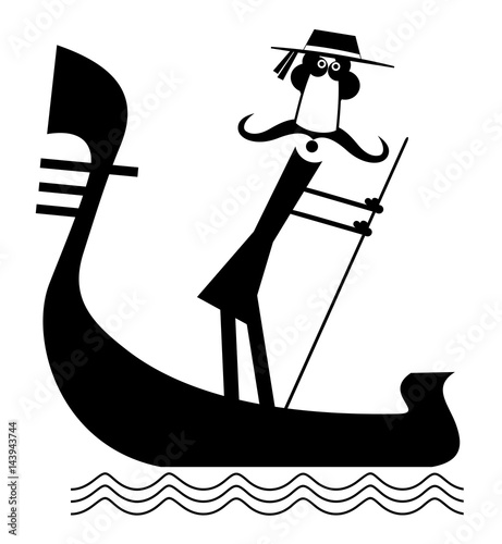 Funny gondolier with long mustaches rides on gondola