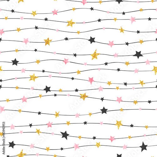 Seamless stars pattern in pink, black and golden colors. Vector celebration background. 