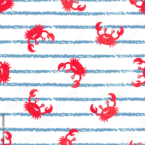 Striped seamless pattern with cute watercolor crabs. Vector marine background. 