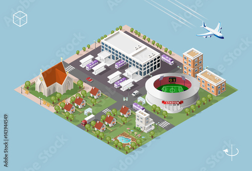 Set of Isolated High Quality Isometric City Elements on Blue Background