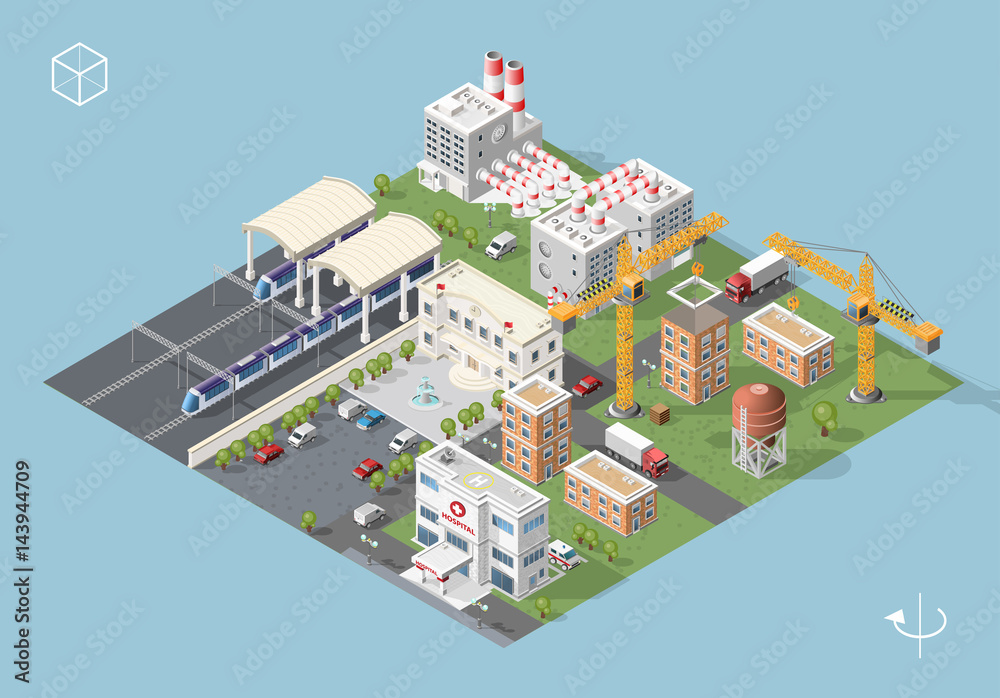 Set of Isolated High Quality Isometric City Elements on Blue Background Set of Isolated High Quality Isometric City Elements on Blue Background
