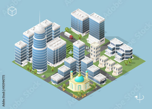 Set of Isolated High Quality Isometric City Elements on Blue Background