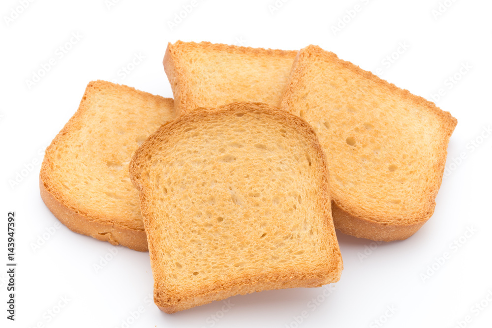 Slices of toast bread on wooden table, top view.