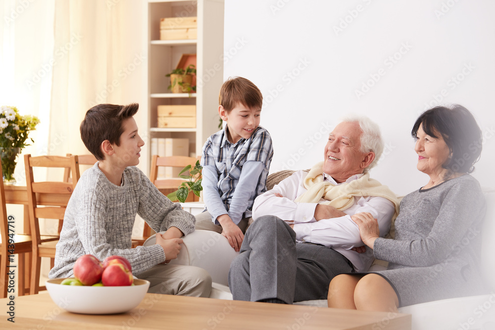 Boys talking with grandparents Boys talking with grandparents