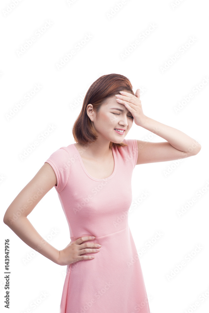 People, healthcare, stress and problem concept - unhappy asian young woman suffering from headache People, healthcare, stress and problem concept - unhappy asian young woman suffering from headache
