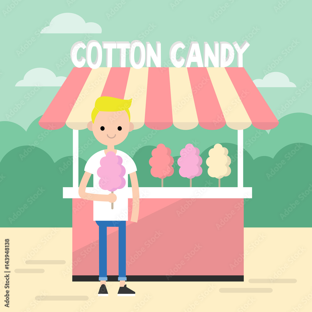 Walking in the park. Young blond boy eating a cotton candy / editable flat vector illustration Walking in the park. Young blond boy eating a cotton candy / editable flat vector illustration