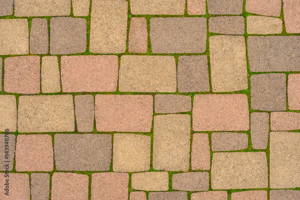 Fototapeta premium Hintergrund Betonpflaster aus farbigem Beton mit dekorativem Moos in den Fugen - Background Concrete pavement of colored concrete with decorative moss in the joints