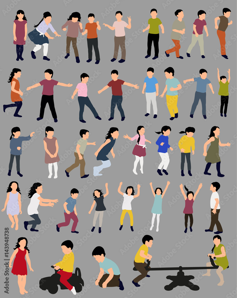 Vector illustration of a collection of isometric children, icons, happy children, jumping run, concept of childhood Vector illustration of a collection of isometric children, icons, happy children, jumping run, concept of childhood