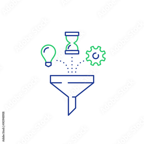 Idea light bulb, sand clock and cogwheel, project management parts photo
