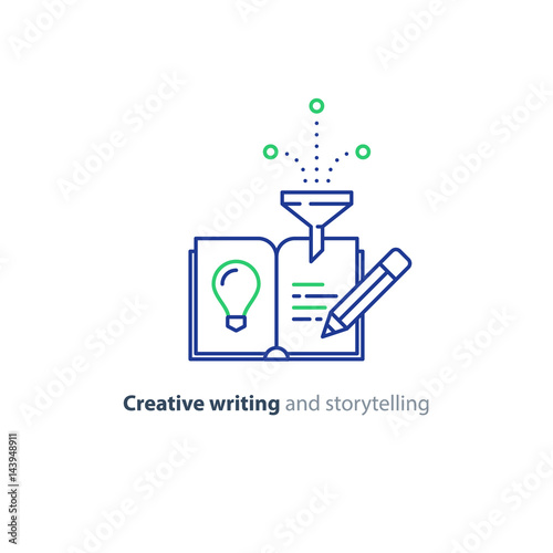Creative writing, story telling idea, book page and pencil linear icons