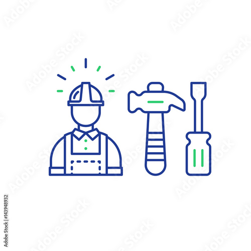 Labor workforce, construction worker in helmet, work tools