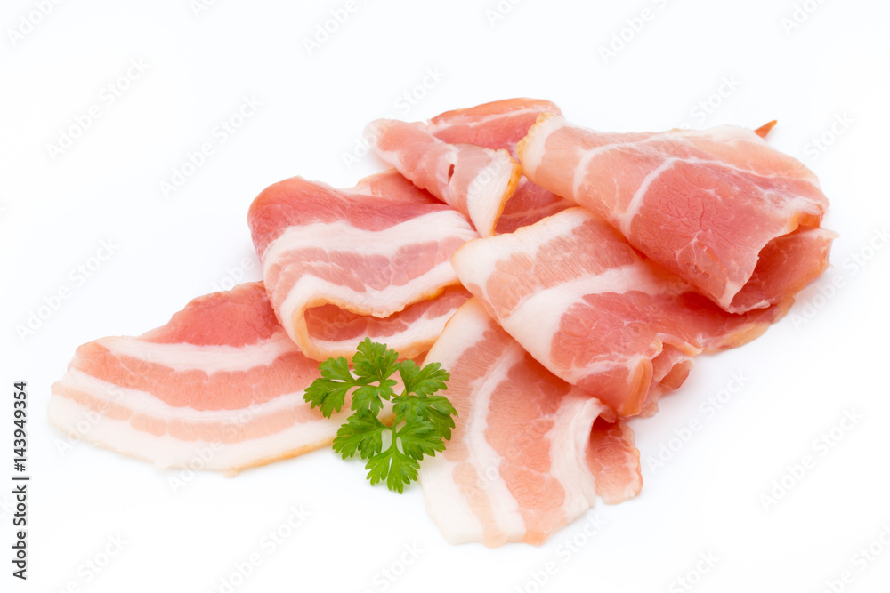 Bacon isolated on white background. Delikatese food.